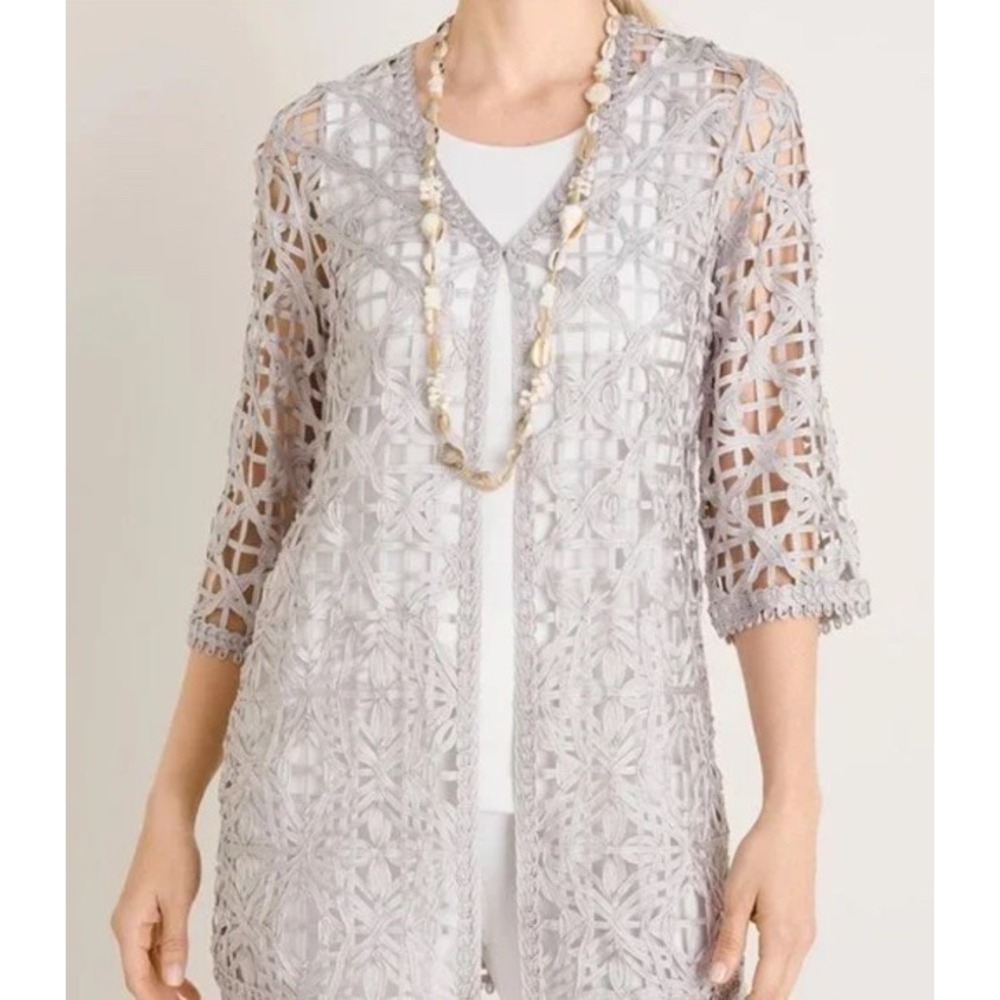 Chico's Travelers Silver Open Weave Knit Cardigan Size 2 (US 12/14) Long Line